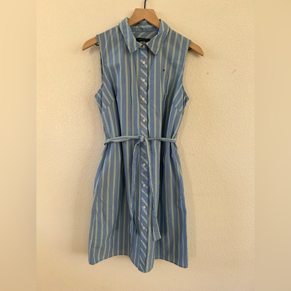 Tommy Hilfiger Sleeveless Blue and Green Striped Midi Shirt Dress